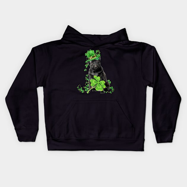 Black Pug Leprechaun Lucky Shamrock Happy St Patrick's Day Kids Hoodie by Gearlds Leonia